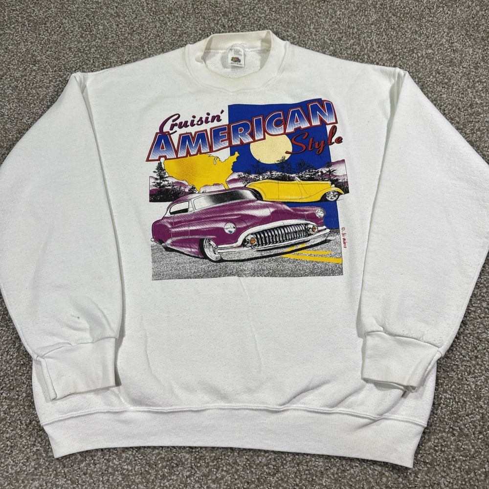 Vintage Cousin Americ Classic Cars Sweatshirt Size L 80s White